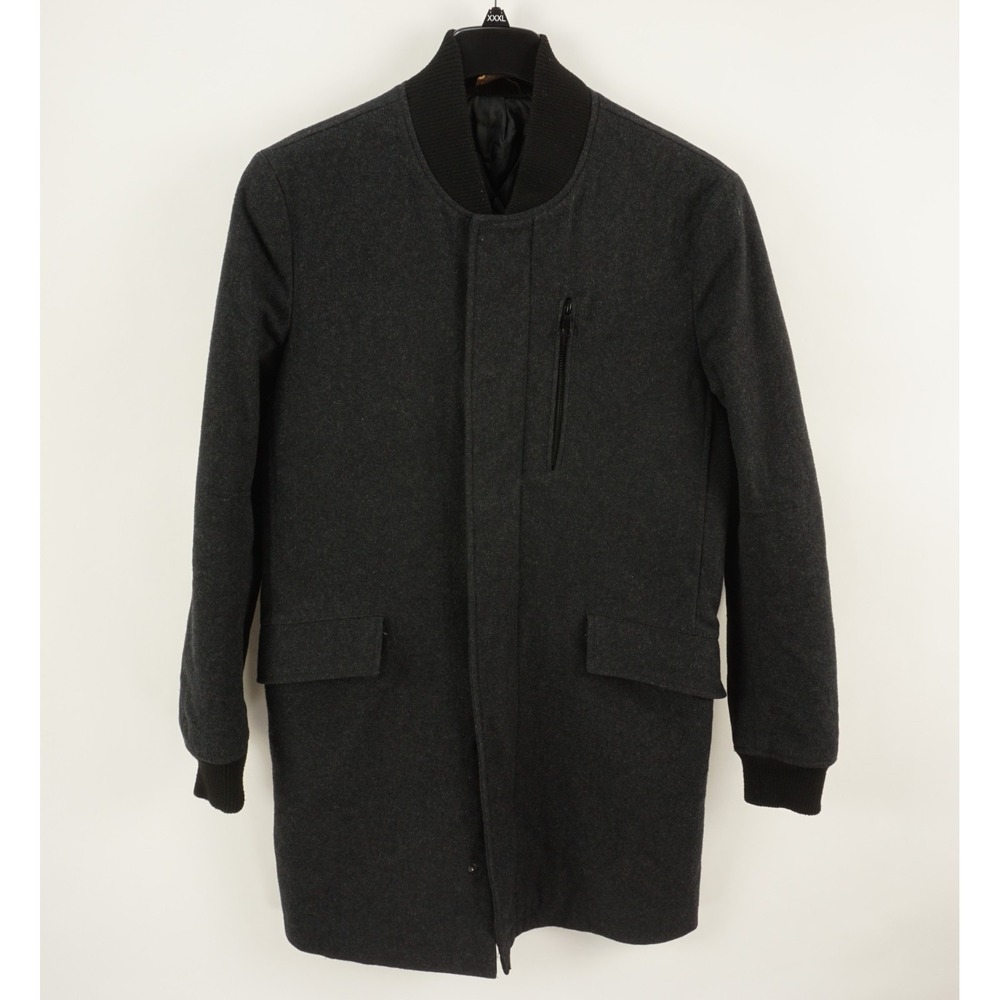 Zara Men's Small Dark Gray Flannel Wool Quilt Lined Snap Front Full Zip Overcoat